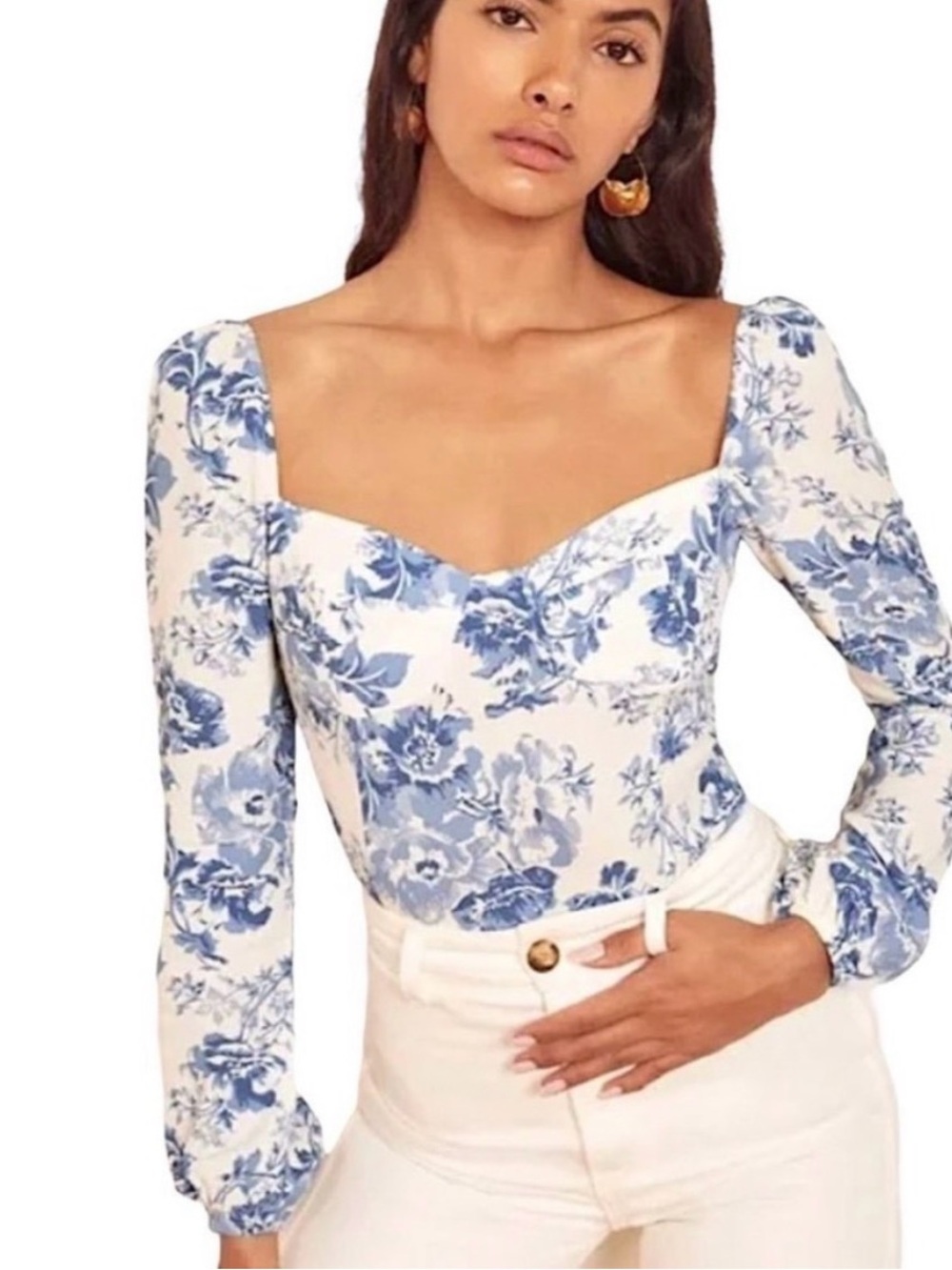 Reformation Floral Square Neck Long Sleeve Top